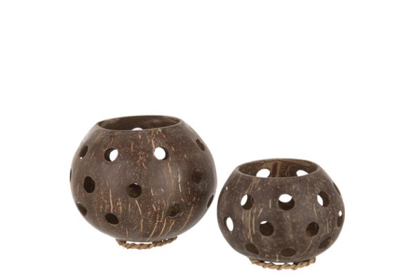 Theelicht Houder Kokosnoot Gaten Bruin Large - Afbeelding 2